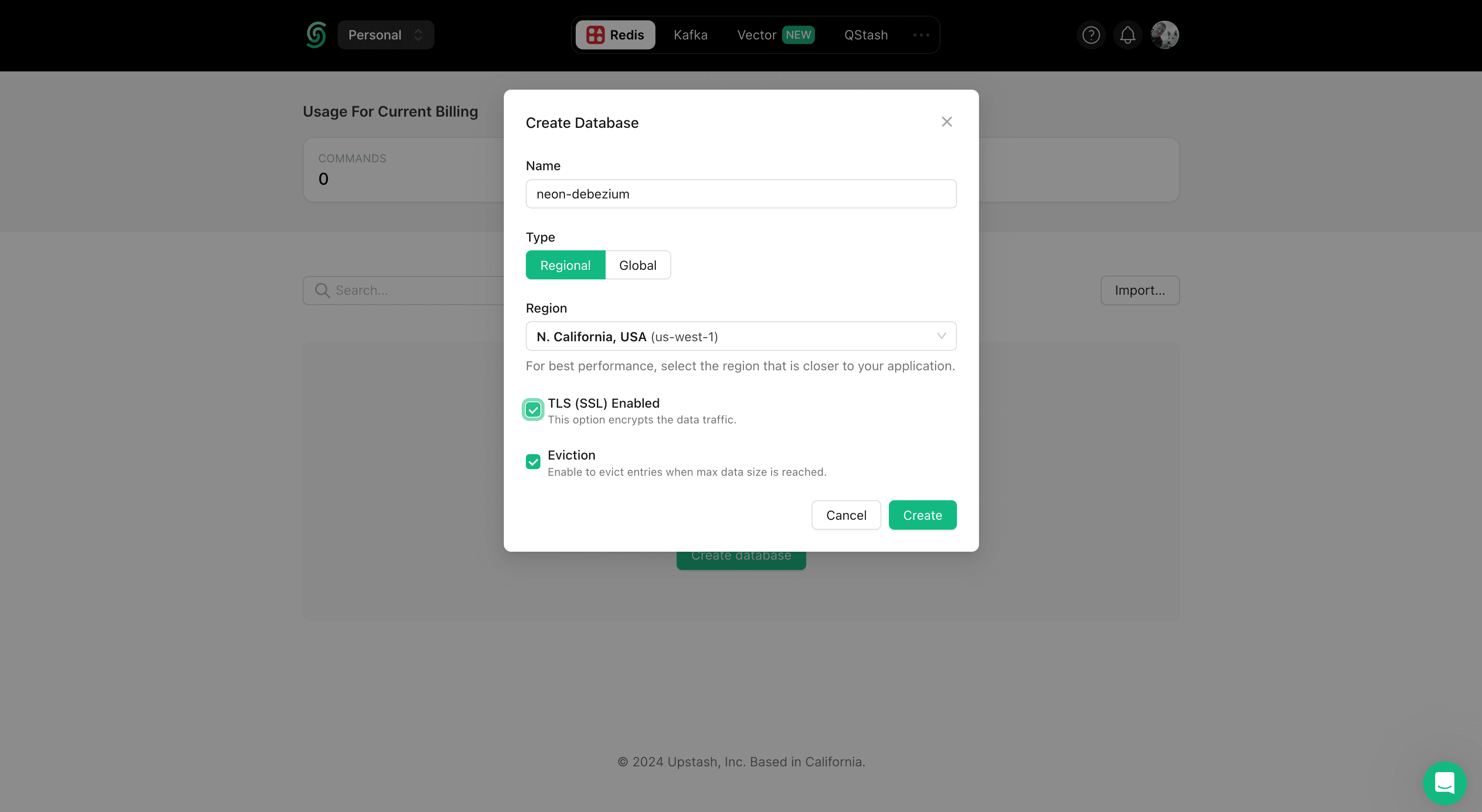 Creating a Redis instance on Upstash.
